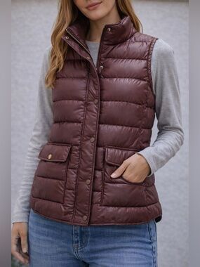 J.Crew Down Puffer Vest Brown Quilted Women’s M Lightweight Warm Zip Snap